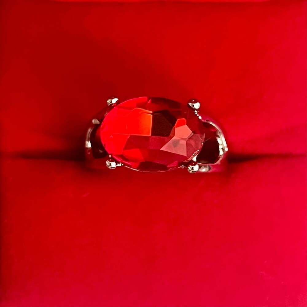 Vintage Silver Large Red Crystal Oval Cocktail Ring Size 8
